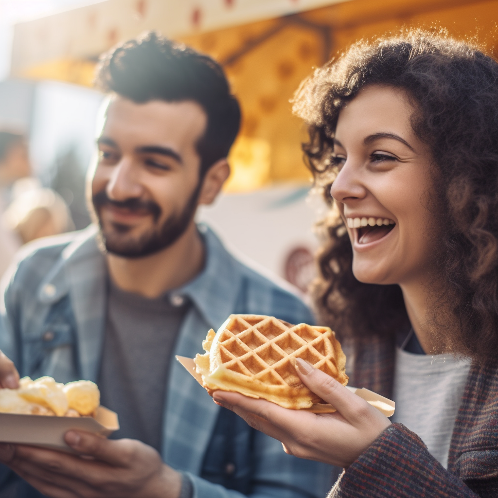 People enjoying delicious waffles